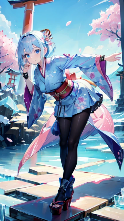 ((masterpiece )), (highest quality), (highest quality), ((Very detailed, 8K quality)), aesthetics, Cinema Lighting, (Detailed line drawing), 
break, 
Absurd, Fairy female, Athlete-like figure, Bent over, ((Put your hands behind your back)), Dynamic Angle, View your viewers, ((Fairyの羽)), (Gothic Kimono), Haneri, pantyhose, Sleeves are longer than the wrist, High heel boots, break, Japanese architecture, Meters. Fuji Mountain, ((torii)), Winter Creek, (surrounded by ice crystals), (Ice Cherry Blossom Garden),
break, 
Very detailed (Fairy), (One girl), Perfect Face, Details, Bob Cut Hair, blue eyes, eyelash, eye shadow, pink eye shadow, A light smile, Design art by Artgerm, Kawashi, By Yoshitaka Amano,
break, 
((Perfect Anatomy)), Nice body, Mid-chest, Very detailed指, The best move, Perfect Face, Beautiful Face, Beautiful Eyes, Perfect Eyes, Perfect Fingers, Correct Anatomy, 