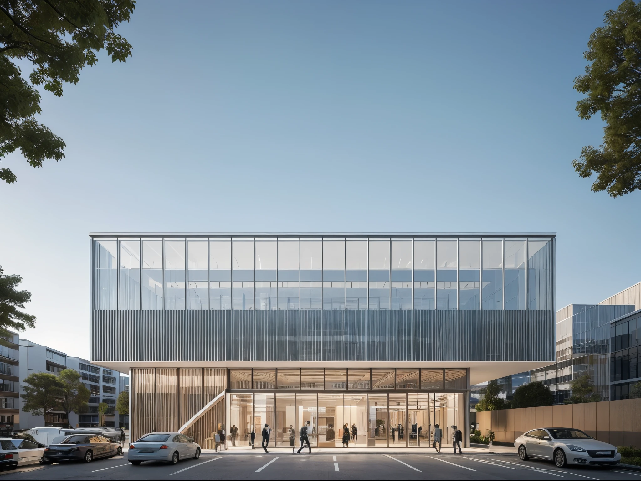 SYJZ,This is a picture of architectural design. There is a modern building in the picture. The exterior design of the building is composed of multiple curves,the color of the curves is white,and the material of the curves is metal. There are some shops under the building. The exterior design of the shops is glass,and the color of the shops is dark green. There are some trees around the building. The color of the trees is green. The background of the building is some tall buildings,and the color of the tall buildings is gray,watermark,
