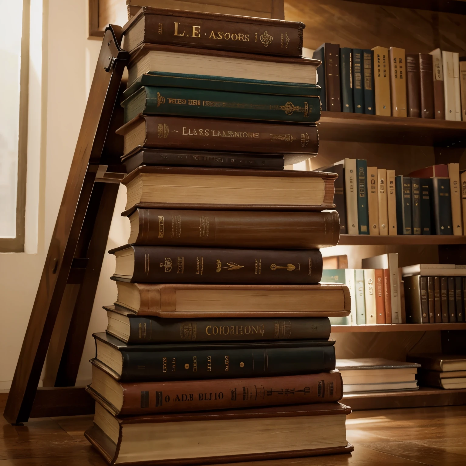 Uma parede com estante de livros e uma lareira acesa ao lado