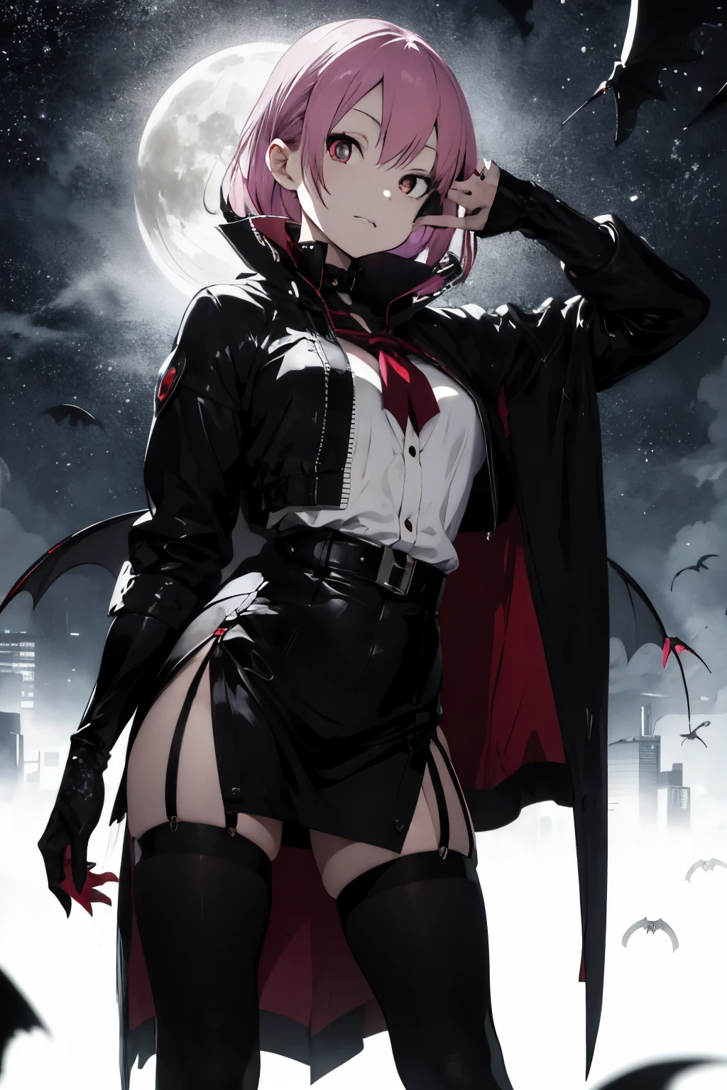 anime girl, ultra detailed, best quality, tokyo, midnight, vampire teeths, pink hair, natural pose, sexy woman, beautifull face, black mantle, medium , melancholic, anatomic perfect, safe for work, full body, putple atmosphere, vampire tooth, vampire, vampire girl, vampire woman, gestual pose, ultra high detail, realistic