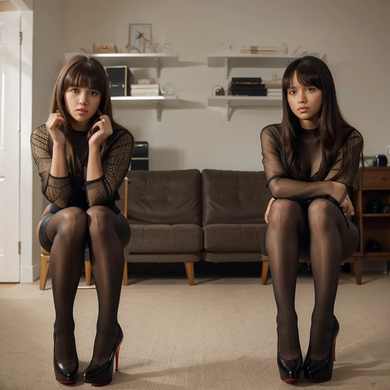 Perfect faces, split screen, 2 girls, wearing different cleancut sheer pantyhose, very detailed, bangs hair, (Jenna Ortega), (((Platino 15 denier ultra-sheer tights))), girl on left has on skin colored pantyhose, girl on right has on black pantyhose, long hair, bangs, photorealistic, seductive look at camera, both wear Christian Louboutins high heels