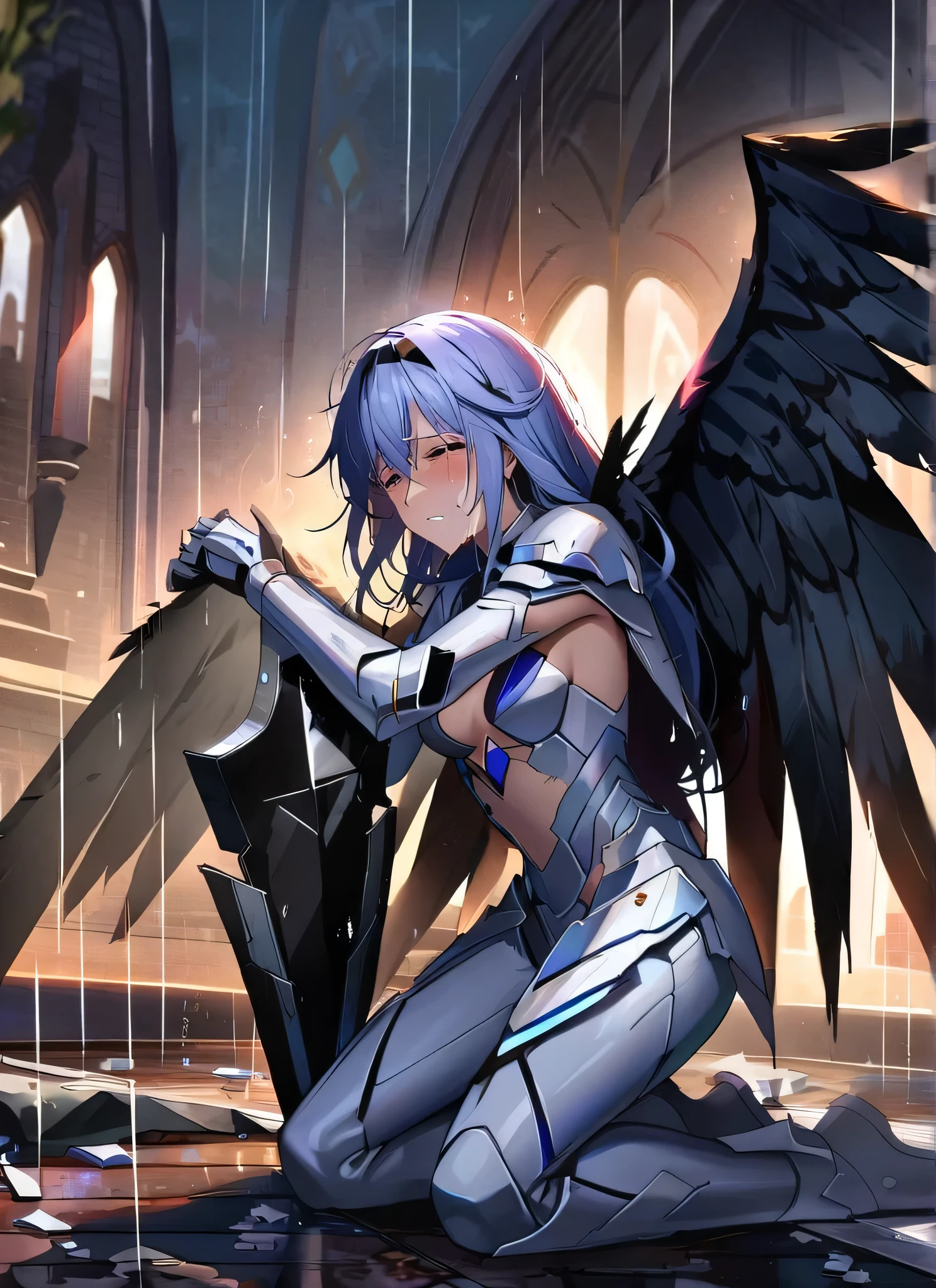A girl, kneeling in the floor, wearing a ultra shattered and ultra broken skimpy angelical white armor, lot of missing pieces, ,ultra long and open wings, very damaged armor ,ripped clothes, broken helmet ,broken shield and broken sword, in tears, sad, dramatic scene, tears flowing in the face, church rooftop, nightsky, rain, ultra detailed face , NSFW, ultra detailed wings, detailed feathers
