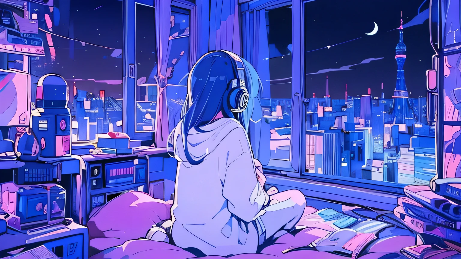 (from behind), Anime girl sitting in front of a computer in a cozy bedroom, girl listening to music in a cozy room (night), Using headphones, on the roof, (beautiful night views from windows), lots of things, 2D anime style, The aesthetics of anime in the 90s, lo-fi, very detailed, hard disk, A mix of anime style and Fujifilm, surreal, 8k, masterpiece