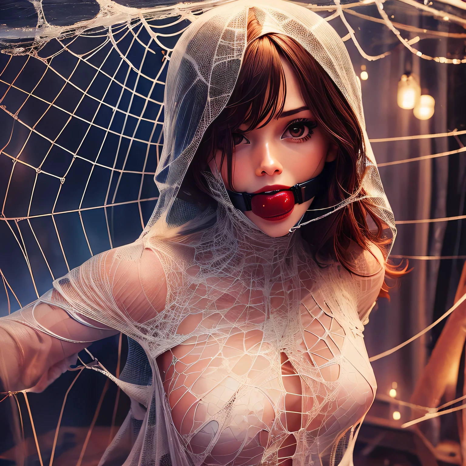 1girl  in a tight web bondage, cocooned, struggle in the web, red gag
