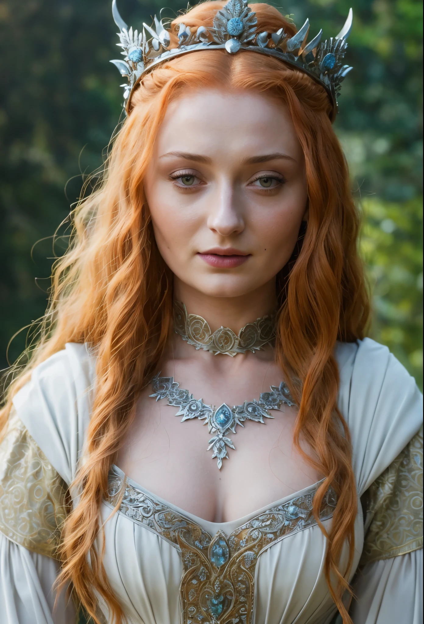 Face of Sophie Turner, Sansa Stark played by Sophie Turner, the de facto Lady of the Eyrie, is a 40-year-old mature queen with a stunning, alluring appearance. Full Face, pierced eyes, reddish lips, upper body shot, erotic Mediaeval costumes, game of thrones costumes, She wears a Game of Thrones-inspired costume and has a deep cleavage, a perfect thick body, and a perfect thick figure. The photograph captures her in a close-up, with her skin texture and facial features being ultra-realistic and realistic. Juicy thick figure, high quality skin, Skin pores, amazing details, 