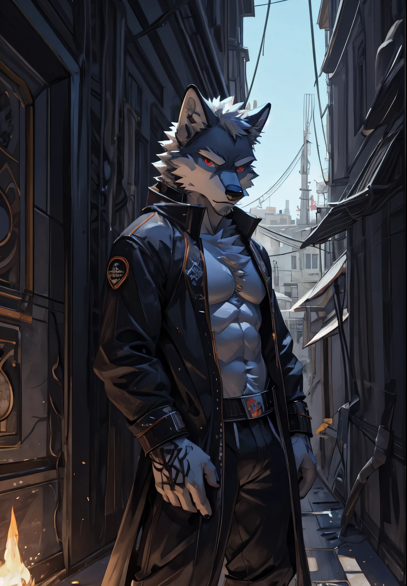 there is a white wolf standing in a city under the rain, half naked elder Wolf with a large tattoos, red eyes, angry face, bare chest, huge crotch, veins, fluffy chest, Sexybody, muscular, anthropomorphic, extra detailed body, detailed body, Best quality, masterpiece, ultra high res,detailed background,realistic, real shadow and light, depth of field, (looking at viewer), bare chest, Elder white wolf.