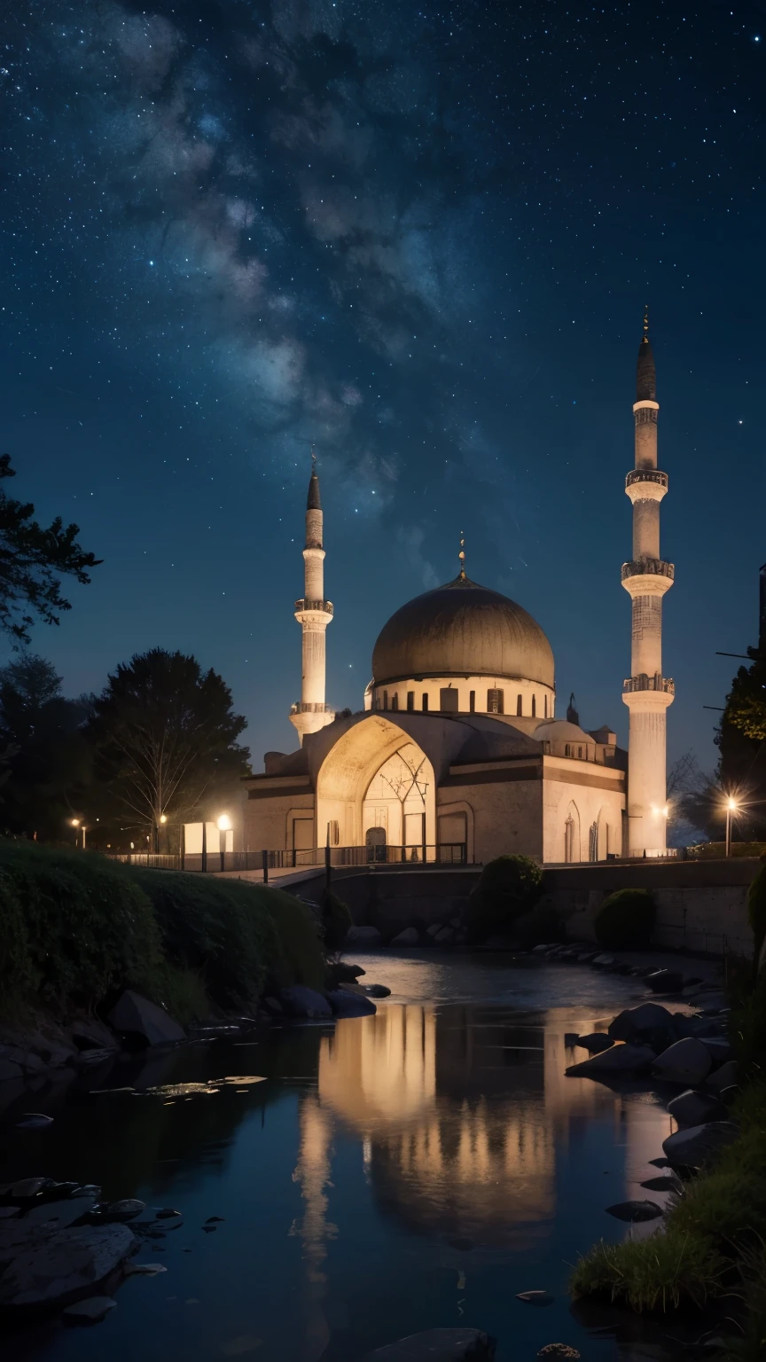 mosque, beautiful, exterior, trees, night, dark, stars in sky, very large and bright stars 