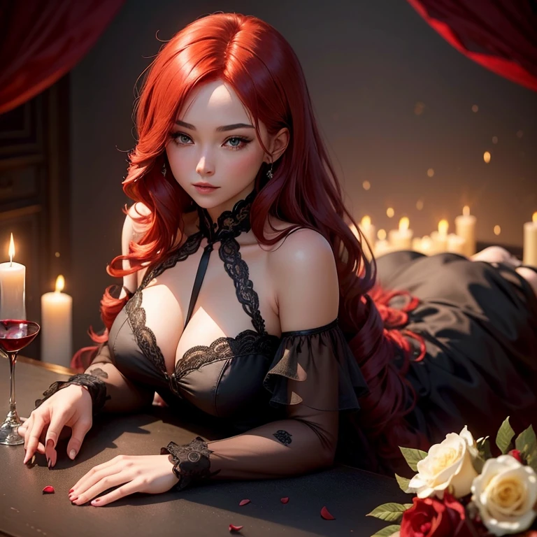 a mysterious beauty, dressed in a magnificent black dress, rests on the table, surrounded by delicate roses and the sparkle of wine. her lush red hair creates a mysterious contrast, like a fire flaring up against the background of the silence of the night, lying on the table.