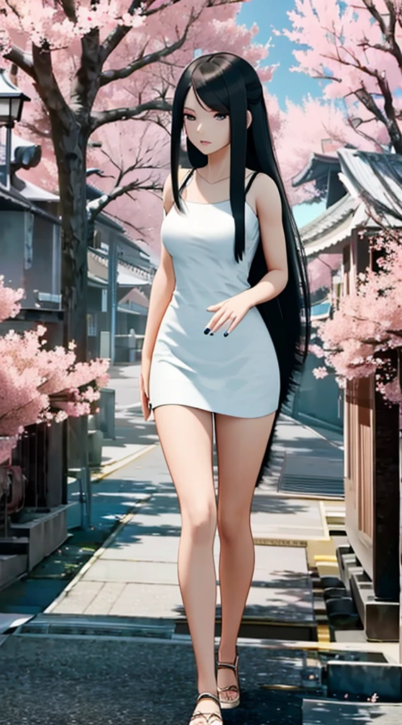 make a beautiful girl with long black hair and fringe in a white dress with rose details and a soft hat walking and admiring the landscape in a square with flowering Sakura trees in a beautiful landscape