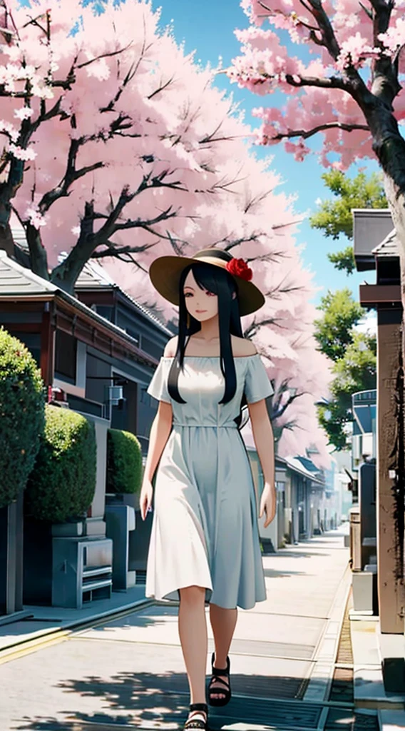 make a beautiful girl with long black hair and fringe in a white dress with rose details and a soft hat walking and admiring the landscape in a square with flowering Sakura trees in a beautiful landscape