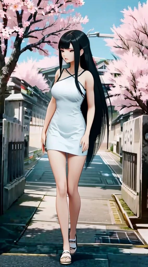 make a beautiful girl with long black hair and fringe in a white dress with rose details and a soft hat walking and admiring the landscape in a square with flowering Sakura trees in a beautiful landscape