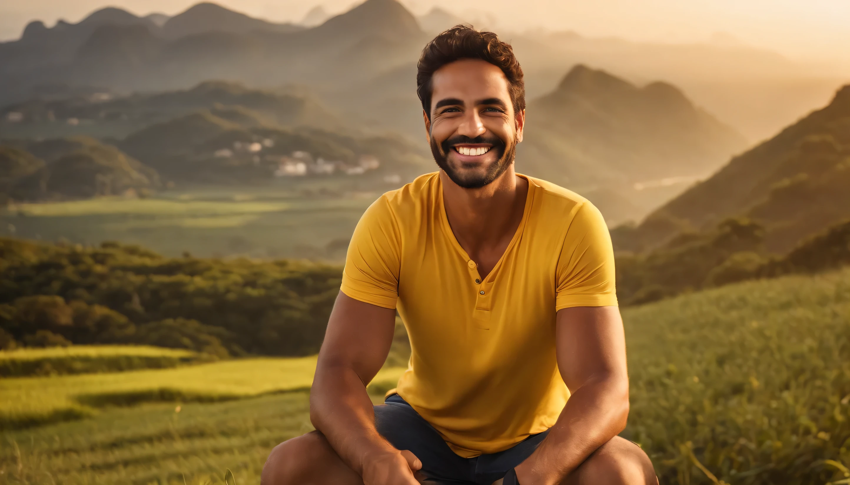 a man with a beautiful smile,fabulous Brazilian landscape,brazilian man with a charming smile,brazilian man and scenic backdrop,smiling brazilian man and picturesque brazilian landscape,brazilian man with a radiant smile,inviting brazilian landscape,brazilian man with smiling eyes,gorgeous brazilian scenery,brazilian man with a joyful expression,stunning brazilian landscape,happy brazilian man surrounded by brazilian nature,joyful brazilian man and breathtaking brazilian landscape,brazilian man filled with happiness,glimpses of brazilian culture in the background,captivating brazilian scenery,brazilian man radiating positive energy,brazilian landscape reflecting the beauty of Brazil,brazilian man with a warm smile,vibrant brazilian landscape,cheerful brazilian man and stunning brazilian scenery,brazilian man with a contagious smile,breathtaking brazilian landscape as the backdrop,brazilian man showing his happiness,scenic beauty of Brazil as the background,brazilian man with an infectious smile,gorgeous brazilian landscape highlighting the beauty of Brazil,brazilian man with an authentic smile,serene brazilian countryside,friendly brazilian man and idyllic brazilian landscape,brazilian man with a beaming smile,splendid brazilian scenery,euphoric brazilian man and captivating brazilian landscape,brazilian man with a genuine smile. (best quality,4k,8k,highres,masterpiece:1.2),ultra-detailed,(realistic,photorealistic,photo-realistic:1.37),HDR,UHD,studio lighting,ultra-fine painting,sharp focus,physically-based rendering,extreme detail description,professional,vivid colors,bokeh, portraits,landscape,photography, serenity, warm tones, soft lighting, vibrant colors.