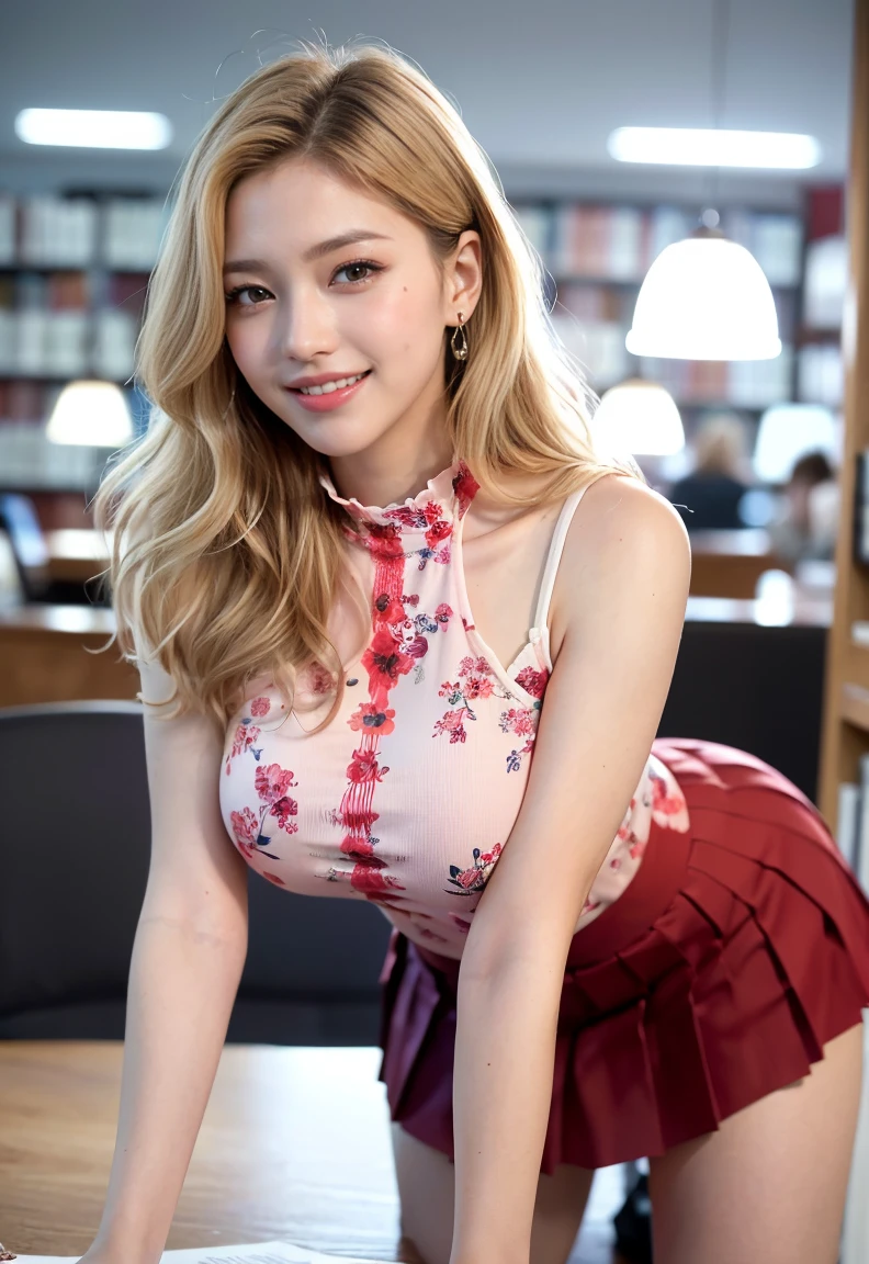 (((neat woman,Bright-eyed excitement,kind big smile,blush,blush,red cheek,please touch me,tempting viewer,i want you))),(all fours,all fours,hip higher,her fingers touch the chest),((((blush,red cheek)))),(cinematic lighting), (Photo real:1.4)、(A hyper-realistic:1.4)、(Photorealistic:1.3)、 (gentle lighting: 1.05)、(Improve the lighting quality of your video:0.9)、 32k、25years old woman、photorealistic lighting、Back lighting、Facial Lights、Ray Trace、(bright:1.2)、(Increase quality:1.4)、 (best quality real texture skin)、Fair eyes,delicate face、 Close-up of the face, ((Wearing the printed high-neck sleeveless t-shirt,(no printed pleated skirt),high-heel),(Bodyline mood improvement:1.1)、Glossy skin、Korean Idol、Nogizaka Idol、good figure,perfect anatomy,Beautiful actress,(((beautiful large breasts,slender waist,slender hip,long slender legs,8heads tall))),(((8heads tall))),(((blonde wavy hair,curtain bangs))),(((in the beautiful modern office of library,super clean night view,in the night))),