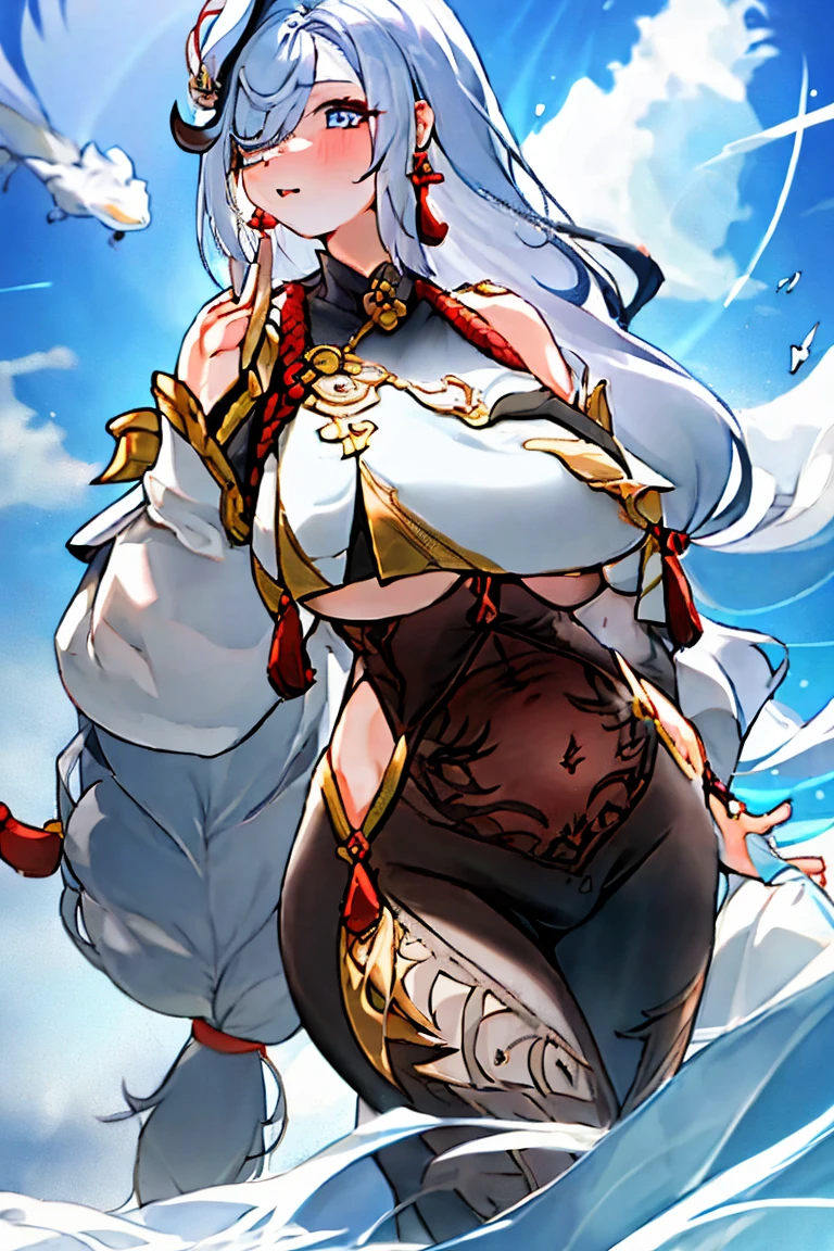 4k,Realistic painting style,Details of the face,Delicate face,best quality, masterpiece, high resolution, alone, {shenhe_Genshin Impact:1.15}, long_hair, blue_Eyes, Bangs, hair_exceed_one_Eye, Chests, hair_decorate, Big deal_Chests, Jewelry, grey_hair, White_hair, tassel, earrings, Very_long_hair, Weaving, Chest_curtain, 1 girl, Watch_exist_audience, only_Shoulder, portrait, separate_Lips, tassel_earrings,超巨大的Chest,Sexy breasts,Full body photo showing face,Protruding nipples,The nipple protrudes through the clothes and the bulge can be seen through the clothes,one位19岁的女孩孕妇,Perfect face,masterpiece,穿着White校服,Super big and butt,Show off your figure,Looking at the camera,The buttocks are huge,Short skirt,i can see milk,full,Full buttocks,肚子Very大,Much bigger than a pregnant woman,The belly is too big to be proportional,Big belly,Very soft,Fat buttocks,Wide hips,Hypertrophied thighs,和夸张的Fat buttocks,臀部Very大,Out of proportion,The buttocks are disproportionately large,The belly is too big to be proportional,There is a band-aid on the nipple,The belly is bulging