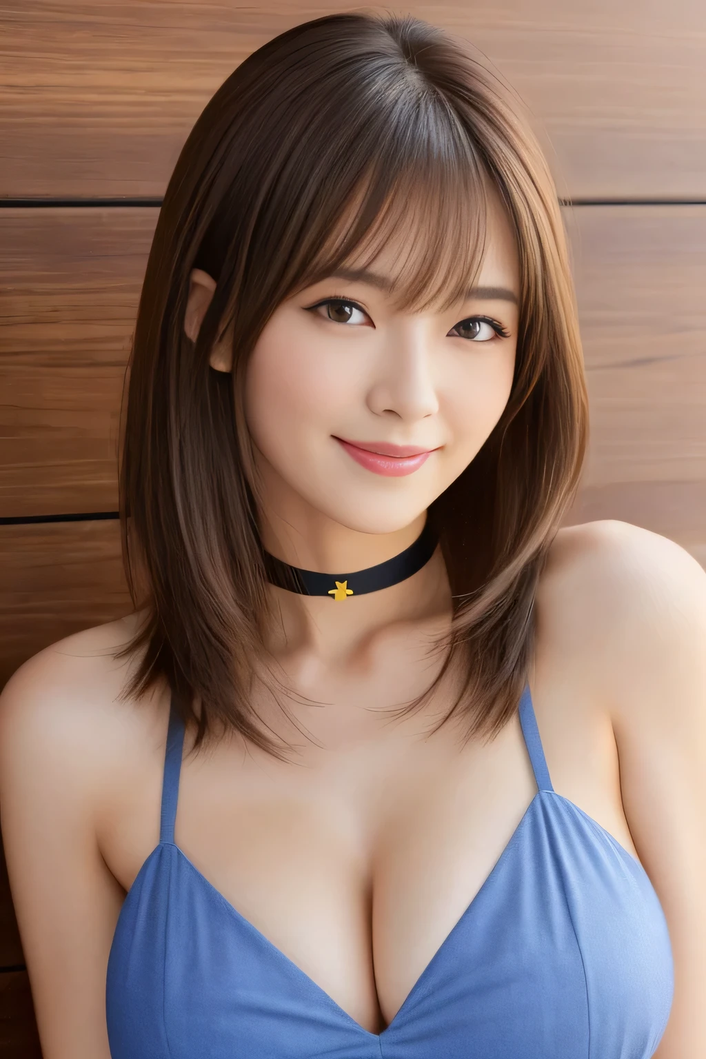 masterpiece, Multiple mature women per photo, Front view, Cute Japanese middle-aged woman, Long Bob Hair, Very cute face, Glossy Lips, Double eyelids on both eyes, Natural Makeup, Brown Hair, Asymmetrical bangs, High resolution, Attention to detail, Detailed hairstyle, Detailed face, Octane Rendering, Ultra-realistic, Perfect limbs, Black Choker, blue eyes, Big Breasts, ((The body is slim:1.5)), Cool Beauty, ((Slim face)), smile, ((Straight Long Hair)), Mature sex appeal,large breast swelling、Browsing Caution:-1.2, Wood grain table, Wooden wall, ((Farmer's Daughter, Farm work clothes)), High nose
