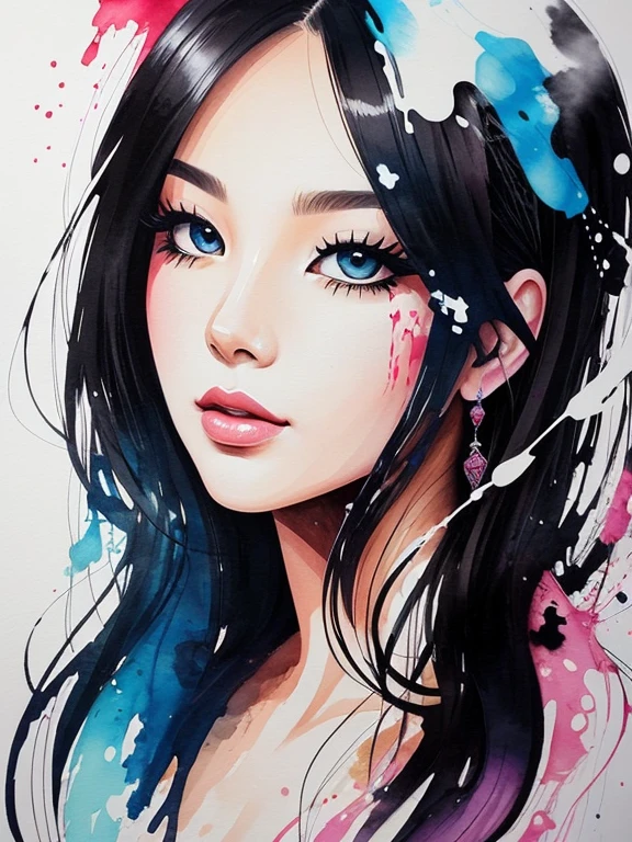 Ink splattering、A painting of a beautiful woman's face with ink drops falling on it, done with transparent watercolor paints --air 4:5 --s 500, Ririsi