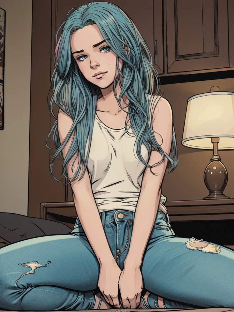 vector image, 2d cartoon,masterpiece, An teenage girl, dirty colored hair, blush:1.2, simulates intercourse:1.1, masturbation pose:1.3, gloomy orgasm, tight jeans,