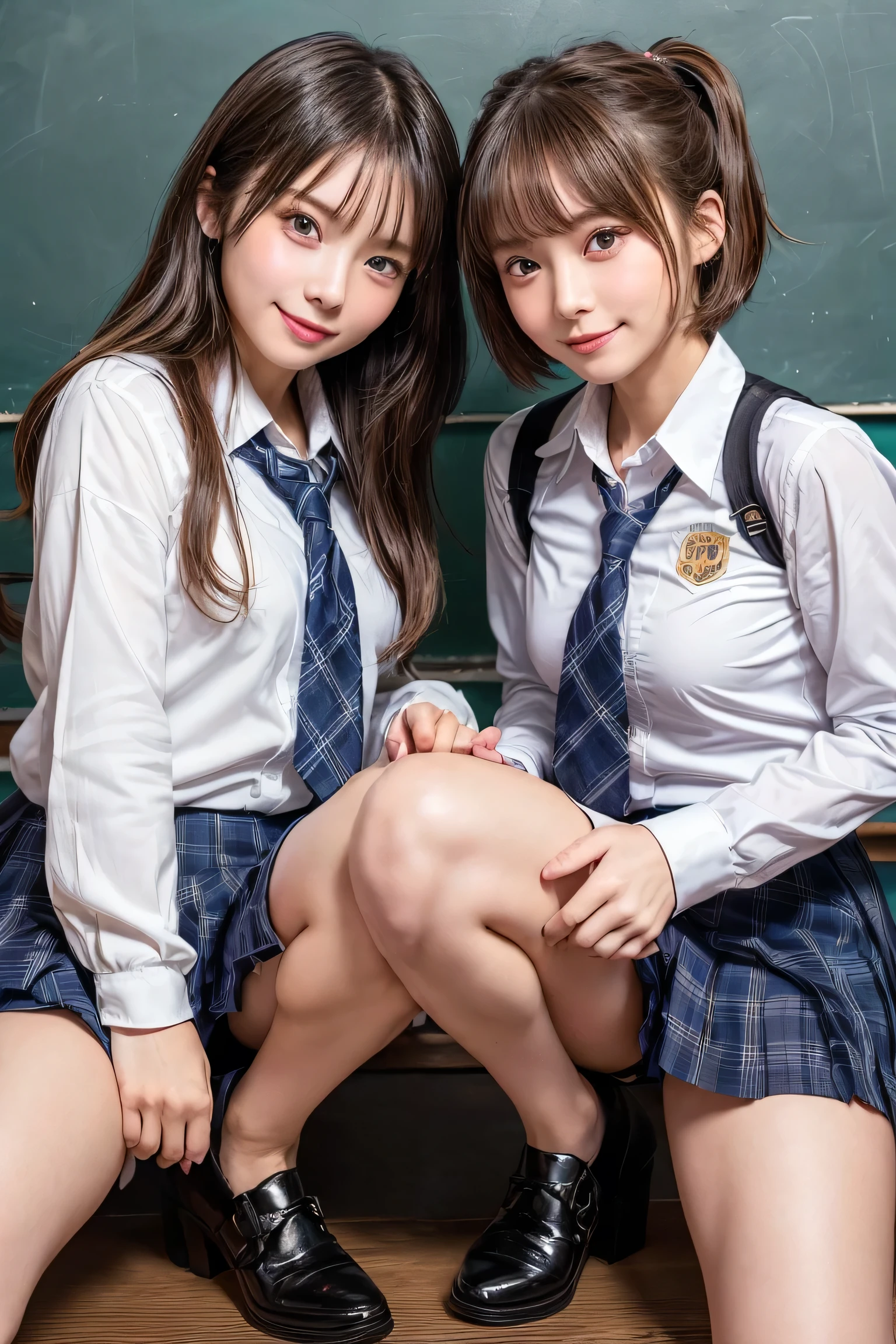 Browsing Caution, ((masterpiece)), ((highest quality)), (Very detailed), ((cute)), cute, (Multi-point), ((sexy)), (device), ((Very detailed)), 4K, (8k), highest quality, (beautiful), hyper cute face, shape, Anime Style,hyper Genuineistic, Genuine, Dynamic Angle, ((whole body)), close, Thick outline, Clear contours, at school, (Two Girls, 2 cute girls:1.5), (Schoolgirl Uniform :1.5), beautiful light brown hair, beautiful brown eyes, ((beautiful eyes)), (Open your legs to the side:1.5), ((short hair)), smile、(look viewer:1.3)、All naked、naked、tits、Nipples、Pussy