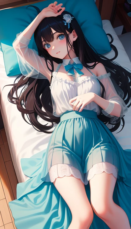 ,seductive Anime Girls, beautiful alluring Anime Women, Beautiful and attractive anime , beautiful Anime Women, attractive Anime Girls, beautiful Anime Girls, Smooth anime CG art, (Anime Girls), Long Hair, Anime Girls, Anime Women, Very exquisite work of art、just out of the bath、Sleep on your back、Lying down、Lift your legs、White lace clothing、No sleeve、See-through light blue shorts、See-through mini skirt、Perfect clothing for the skin、Thighs、Large Breasts、Ample breasts、Deep valley、Just got out of the bath、Embarrassing、Troubled face、bed、Black Hair、はだけたThighs、Spread your legs、Transparency、Transparencyのある服、