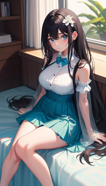 ,seductive Anime Girls, beautiful alluring Anime Women, Beautiful and attractive anime , beautiful Anime Women, attractive Anime Girls, beautiful Anime Girls, Smooth anime CG art, (Anime Girls), Long Hair, Anime Girls, Anime Women, Very exquisite work of art、just out of the bath、Sleep on your back、Lying down、Lift your legs、White lace clothing、No sleeve、See-through light blue shorts、See-through mini skirt、Perfect clothing for the skin、Thighs、Large Breasts、Ample breasts、Deep valley、Just got out of the bath、Embarrassing、Troubled face、bed、Black Hair、はだけたThighs、Spread your legs、Transparency、Transparencyのある服、