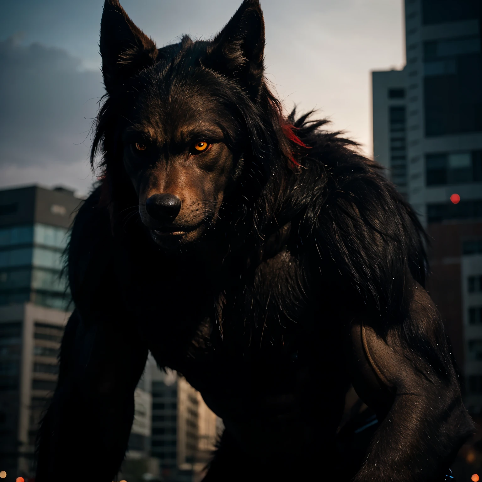 Giant black werewolf with red eyes 