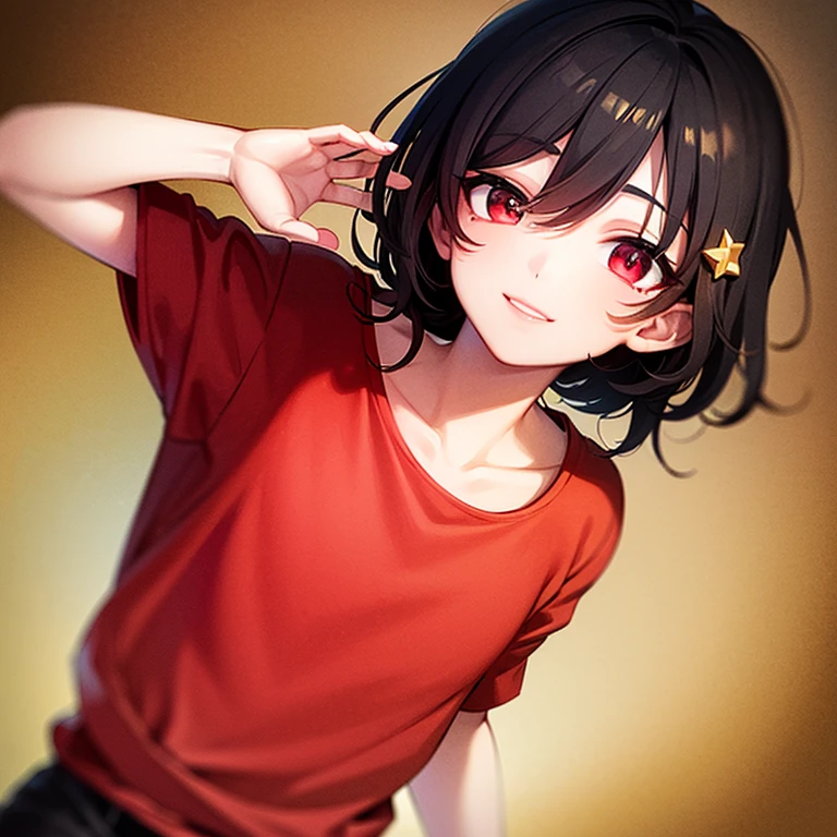 ((best quality)), ((Masterpiece)), (details), perfect face, human, Blood red eyes, sweet faced man, smile, A mole under his right eye, large yellow t-shirt, A star sticker on his left cheek., Short body, star hair clip, black shorts, Japanese guy's hair, red artist hat, white skin, A young man who looks like a woman