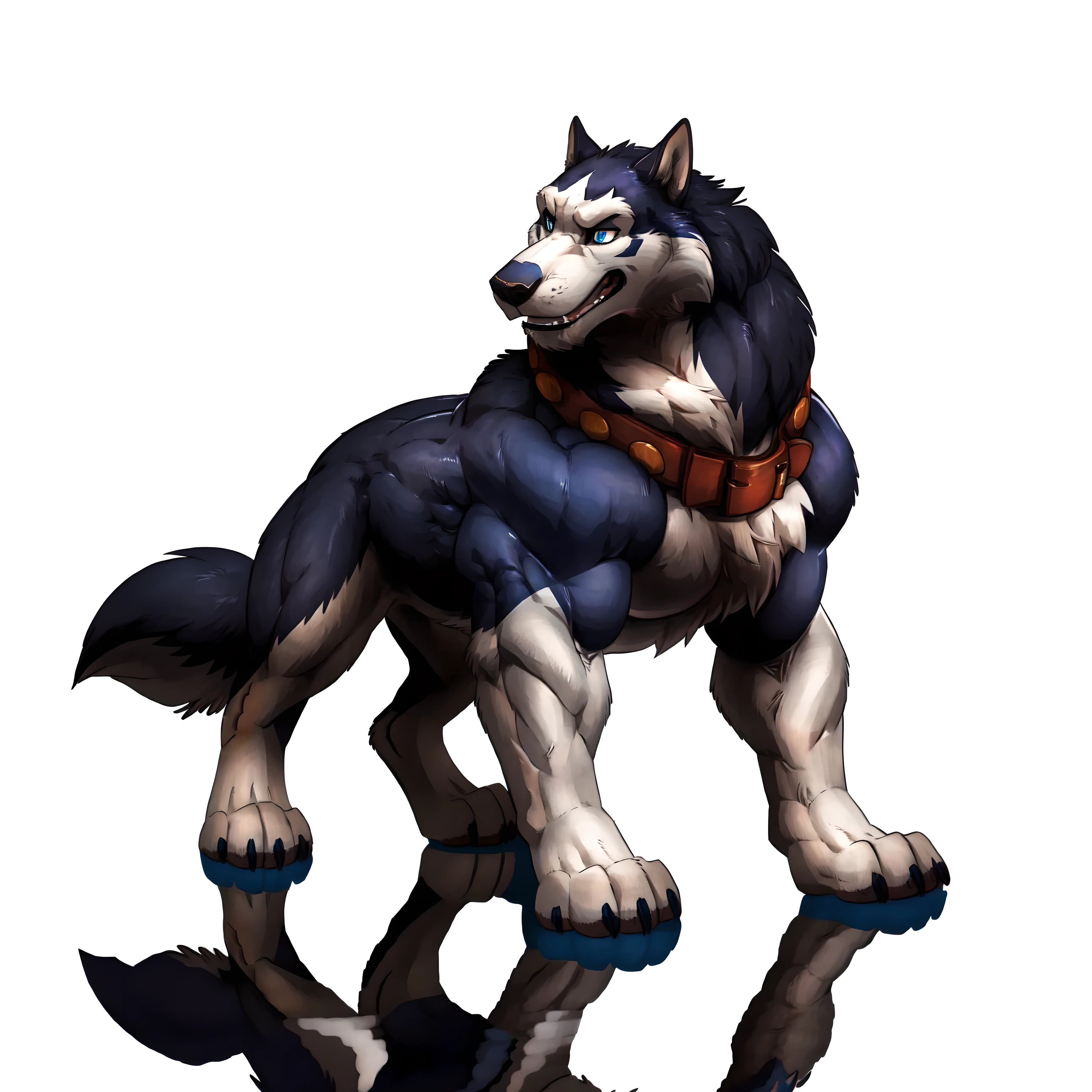 alaskan malamute, masculine, male, feral alaskan malamute, quadruped, feral, very muscular:1.5, tight muscles:1.2, well defined muscles:1.2, pectorals:1.5, muscular forelegs, muscular hindlegs, wide chest, muscular chest:1.5, negger style, wfa style, detailed eyes, blue eyes, white background, reflection on floor, proud, serious expression, full body, wolf feet, big collar, detailed collar