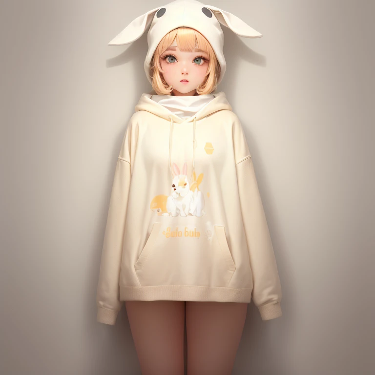 un primer plano de una sudadera blanca con un conejo, beige sudadera, sudadera, sudadera con capucha, lindo and lovely, 8k, 8 mil, y 2 k, y2k, 9 mil, 9k, 8 a.m., Hoy yo, tomorrow for you., 6 mil, 6k, solo, lindo, soft lindo colors, 