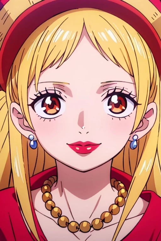 Beautiful anime girl, solo, 1girl, looking at viewer, cute,beautiful, red eyes, open hair, blonde hair, long hair, bangs, wearing a strawhat, Monkey D luffy's strawhat, one piece, smiling, smooth skin, light skin, red lips, golden earings, anime, best quality, masterpiece, extremely detailed, 4k, red eyes, beautiful red eyes, detailed face, detailed eyes, red dress, golden necklace