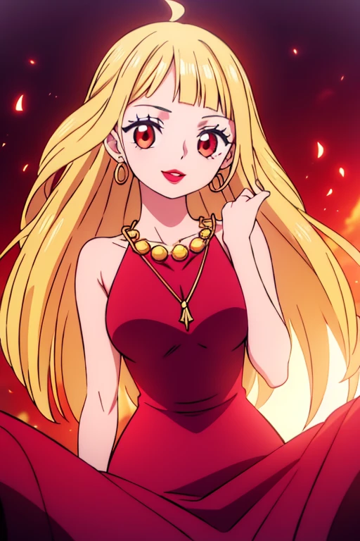 Beautiful anime girl, solo, 1girl, looking at viewer, cute,beautiful, red eyes, open hair, blonde hair, long hair, bangs, wearing a strawhat, Monkey D luffy's strawhat, one piece, smiling, smooth skin, light skin, red lips, golden earings, anime, best quality, masterpiece, extremely detailed, 4k, red eyes, beautiful red eyes, detailed face, detailed eyes, red dress, golden necklace