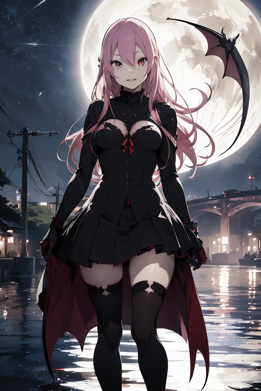 anime girl, ultra detailed, best quality, tokyo, midnight, vampire teeths, pink hair, natural pose, sexy woman, beautifull face, black mantle, medium , melancholic, anatomic perfect, full body, putple atmosphere, vampire tooth, vampire, vampire girl, vampire woman, gestual pose, ultra high detail, realistic