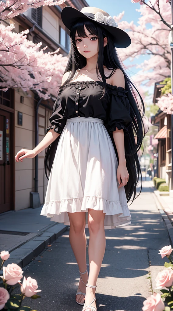 make a beautiful girl with long black hair and fringes in a white dress with rose details and a soft hat walking and admiring the scenery in a square with flowering Sakura trees in a beautiful landscape And written stylized the logo ´´ANIME HOUSE`` and on the side the stylized logo ´´AH!`` and below the name of the creator ´´Dragonsteel76``.