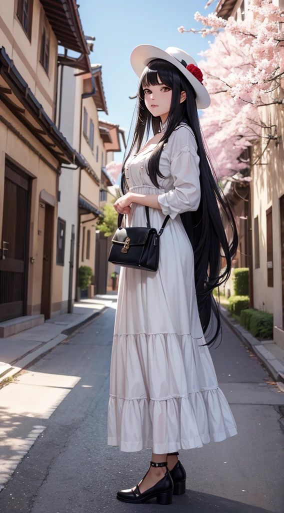 make a beautiful girl with long black hair and fringes in a white dress with rose details and a soft hat walking and admiring the scenery in a square with flowering Sakura trees in a beautiful landscape And written stylized the logo ´´ANIME HOUSE`` and on the side the stylized logo ´´AH!`` and below the name of the creator ´´Dragonsteel76``.