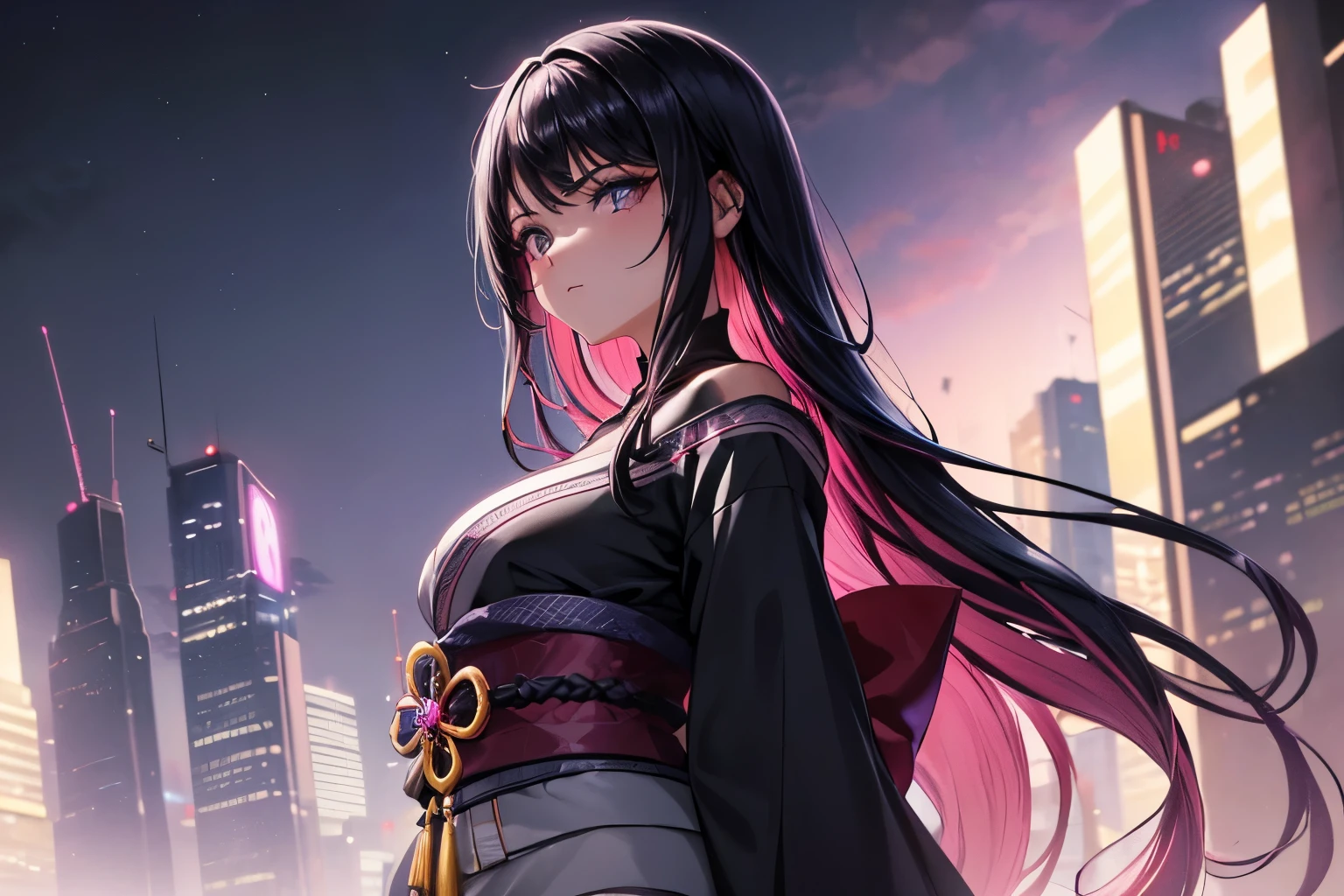 anime, (obra de arte, melhor qualidade, ultra-detalhado, alto contraste), 1 mulher (Sozinho, corpo todo, corpo plus size, standing on the edge of the skyscraper, cabelo prateado, CABELO LONGO E FLUXO, olhos vermelhos brilhantes de rubi, (Kimono preto, black cybernetics with neon pink), meias pretas transparentes), (skyscraper roof, com vista para uma cidade, fundo detalhado ((night time, Darkness, low light pollution)))
