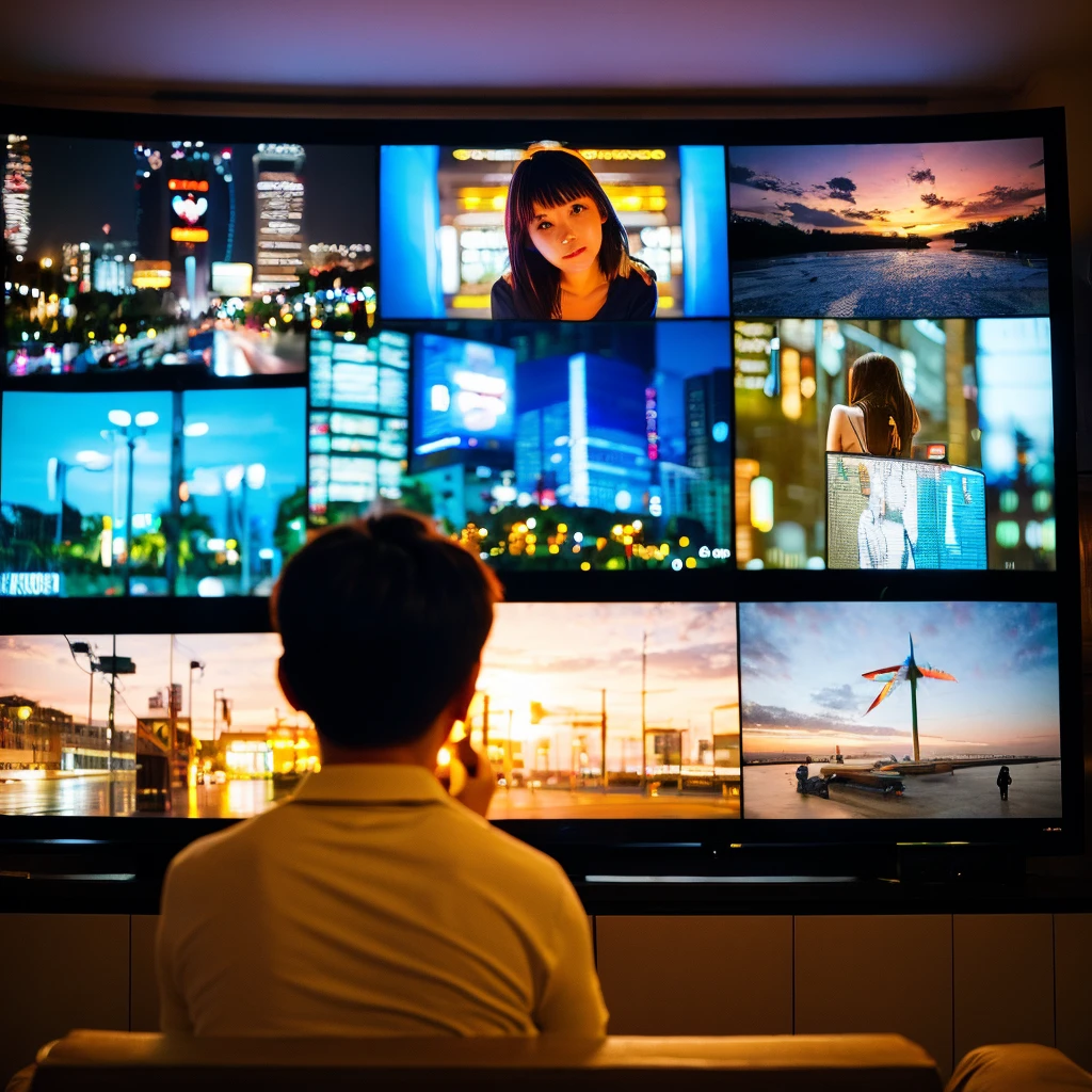 A boy looks at a big screen showing his girlfriend's picture at night