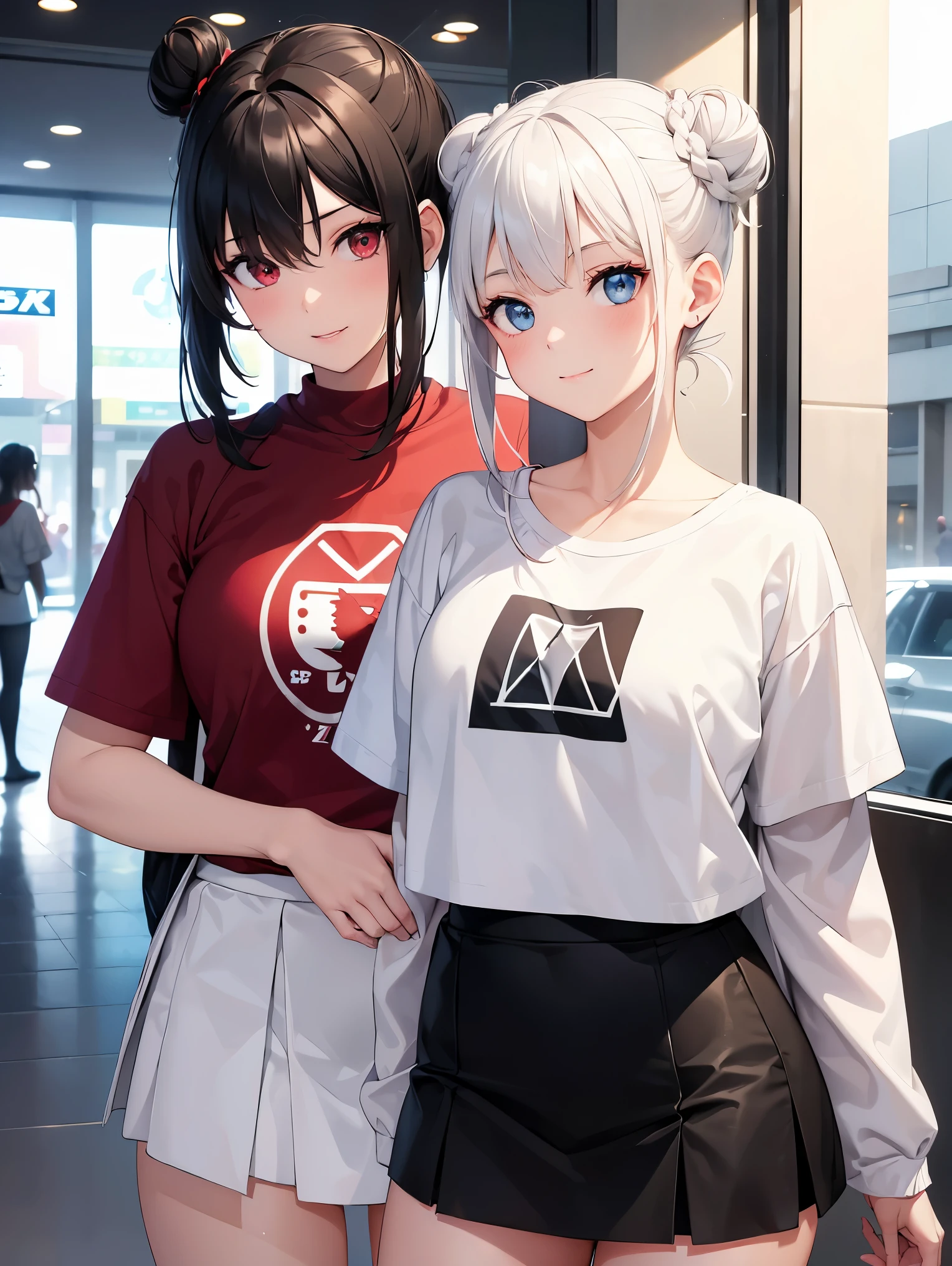 (2girls,They are standing inside a mall,smile),(The first girl,round face,blue eyes,white hair,double bun hairstyle),(The second girl,triangle face,red eyes,black hair,top Knot hairstyle),t-shirt,short skirt,home,highly detailed CG, unit, 8K wallpapers, highest quality, high resolution, beautiful lighting, realistic shadow,detailed face Highly,detailed eyes Highly,detailed hair Highly