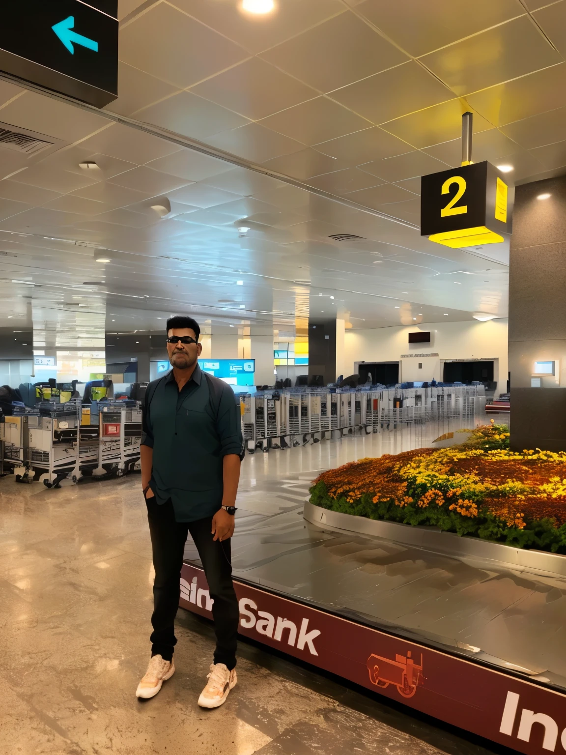arafed man standing in front of a luggage carousel in an airport, airport, reddit post, profile pic, at dusk!, vinayak, back to us, with many travelers, at sunrise, majestic masterpiece, standing in a large empty hall, taken with sony alpha 9, profile picture, wonderful masterpiece, by Siona Shimshi, terminal