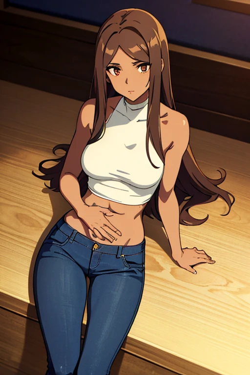 ((best quality)), ((masterpiece)), (detailed), perfect face, brown skin anime woman in a deep scoop-neck very lowcut top, (bare shoulders), (jeans), (long hair), starving, (resting hands on the stomach), (hands on the stomach), (slim woman), (shiny skin), (shiny arms)