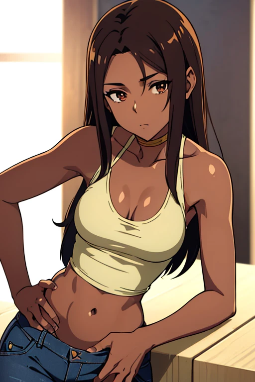 ((best quality)), ((masterpiece)), (detailed), perfect face, brown skin anime woman in a deep scoop-neck very lowcut top, (bare shoulders), (jeans), (long hair), starving, (resting hands on the stomach), (hands on the stomach), (slim woman), (shiny skin), (shiny arms)