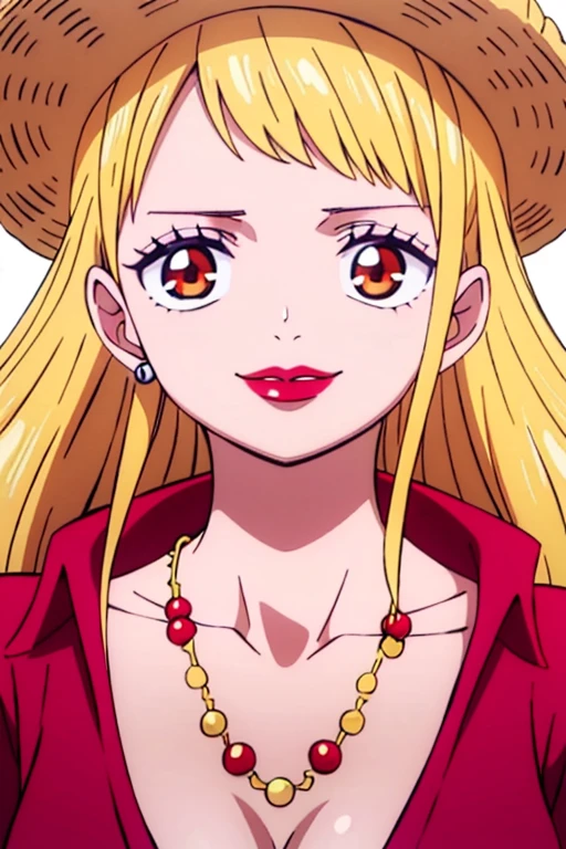 Beautiful anime girl, solo, 1girl, looking at viewer, cute,beautiful, red eyes, open hair, blonde hair, long hair, bangs, wearing a strawhat, Monkey D luffy's strawhat, one piece, smiling, smooth skin, light skin, red lips, golden earings, anime, best quality, masterpiece, extremely detailed, 4k, red eyes, beautiful red eyes, detailed face, detailed eyes, red dress, golden necklace