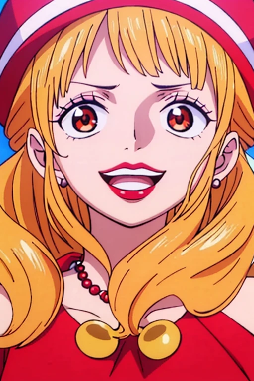 Beautiful anime girl, solo, 1girl, looking at viewer, cute,beautiful, red eyes, open hair, blonde hair, long hair, bangs, wearing a strawhat, Monkey D luffy's strawhat, one piece, smiling, smooth skin, light skin, red lips, golden earings, anime, best quality, masterpiece, extremely detailed, 4k, red eyes, beautiful red eyes, detailed face, detailed eyes, red dress, golden necklace