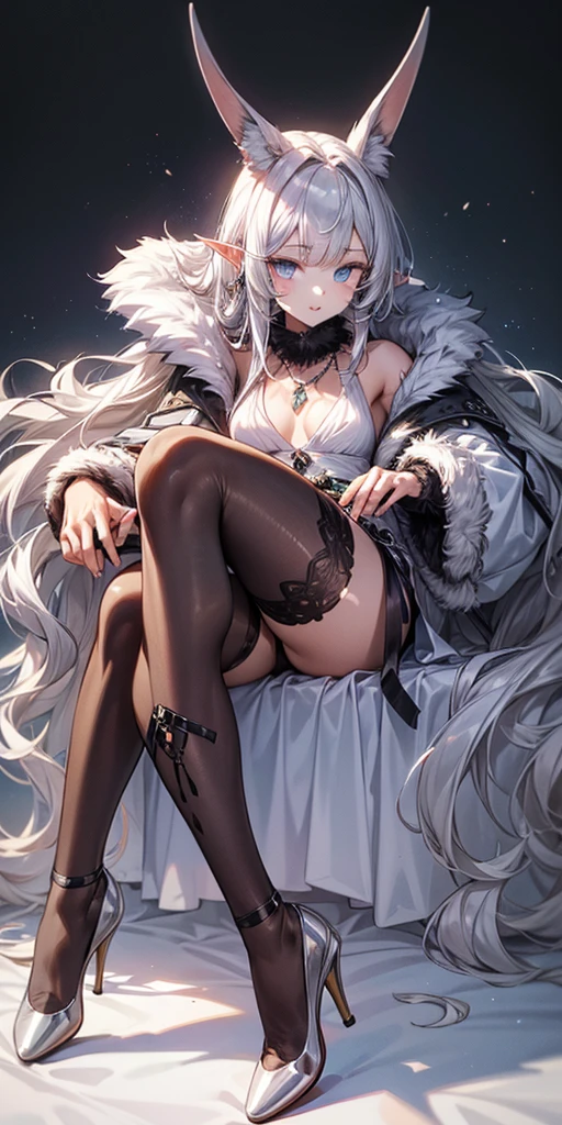 Pirotess dark elf. 1girl, white silver long hair, tellow eyes, white dress, black stockings, white high heels, jewelry necklace, fur coat, portrait