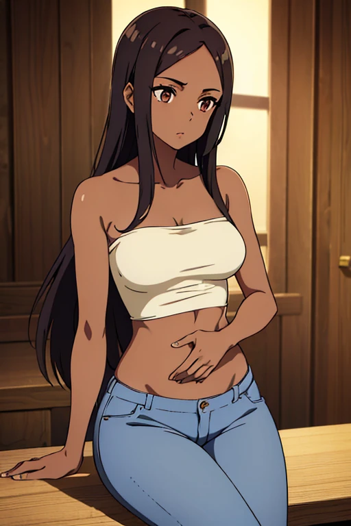 ((best quality)), ((masterpiece)), (detailed), perfect face, brown skin anime woman in a deep scoop-neck top, (bare shoulders), (jeans), (long hair), starving, (resting hands on the stomach), (hands on the stomach), (slim woman), (shiny shoulders)