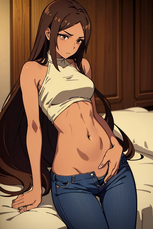 ((best quality)), ((masterpiece)), (detailed), perfect face, brown skin anime woman in a deep scoop-neck top, (bare shoulders), (jeans), (long hair), starving, (resting hands on the stomach), (hands on the stomach), (slim woman), (shiny shoulders)