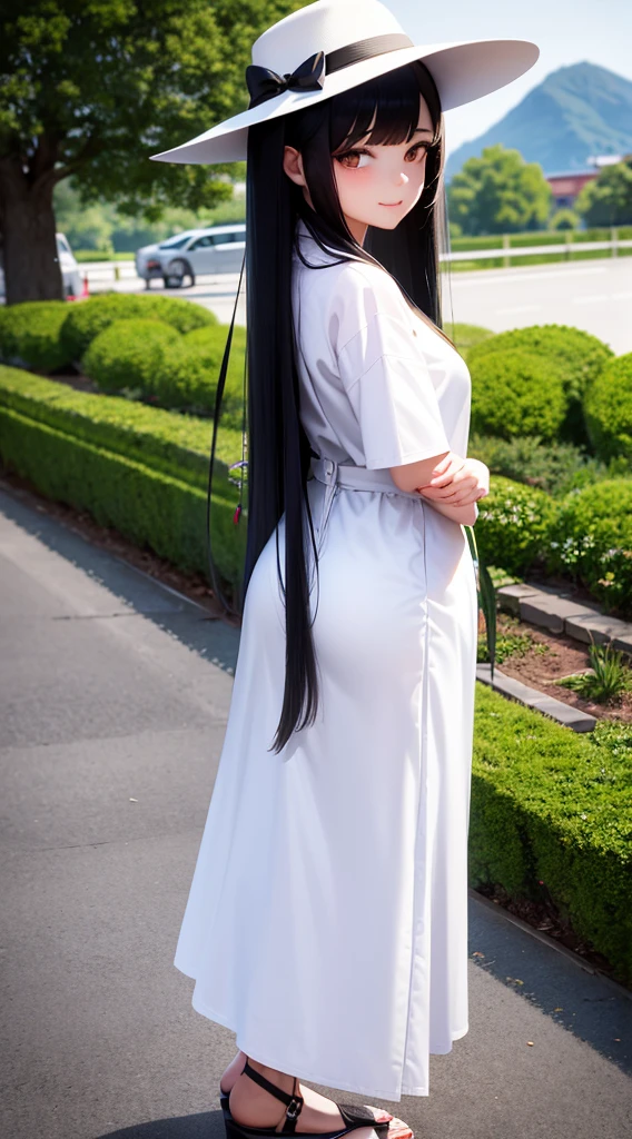 make a beautiful girl with long black hair and fringes in a white dress with rose details and a soft hat walking and admiring the scenery in a square with flowering Sakura trees in a beautiful landscape And written stylized the logo ´´ANIME HOUSE`` and on the side the stylized logo ´´AH!`` and below the name of the creator ´´Dragonsteel76``.