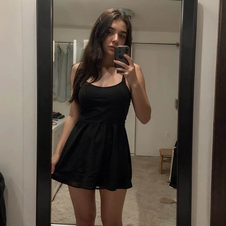 there is a woman taking a picture of herself in a mirror, poggers, wearing black dress,full photo, 19 years old, booth. pm, dirty mirror, front photo, stick figure, half body cropping, standing, cute, very beautiful girl, Canadian girl, black and brown mixed hair