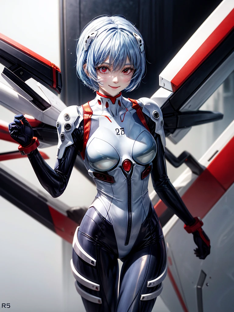 Masterpiece, highest quality, 8K, detailed skin texture, fine cloth texture, beautiful detailed face, intricate details, super detailed, portrait of Rei Ayanami, blue hair, red eyes, looking far away, no background, Evangelion Wearing a plug suit when riding, plug suit, whole body visible, standing, arms crossed, 15 years old, beautiful, cute, great style, smiling,composition that shows the whole body,