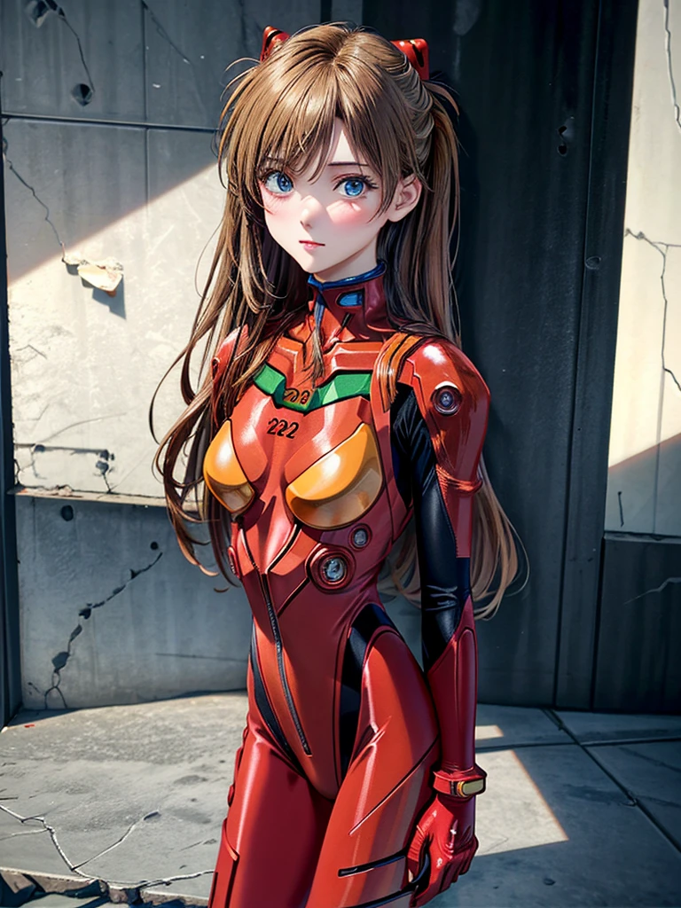 ((Best quality)), ((Masterpiece)), (Details: 1.4), 3D, Asuka Langley Soryu, Asuka, high resolution (high dynamic range), ray tracing, NVIDIA, super resolution, Unreal 5, subsurface scattering ,PBR texturing, post-processing, anisotropic filtering, depth of field, maximum sharpness and sharpness, multi-layered textures, albedo and specular maps, surface shading, accurate simulation of light and matter interaction, perfect proportions ,Octane Rendering,Two-Tone Lighting,Wide Aperture,Low ISO,White Balance,Rule of Thirds,8K RAW,(Masterpiece: 1.4, Best Quality), (Intricate Details), Unity8k Wallpaper, Highly Detailed, Beautiful and Mysterious, Details background, realistic, alone, perfectly detailed face, detailed blue eyes, highly detailed, blush, hair ornament, chignon mahogany hair, (blonde), plug suit 02, Shikinami Asuka Langley, Evangelion, Slender 15-year-old girl, full body suit, black background, above the waist,composition that shows the whole body,