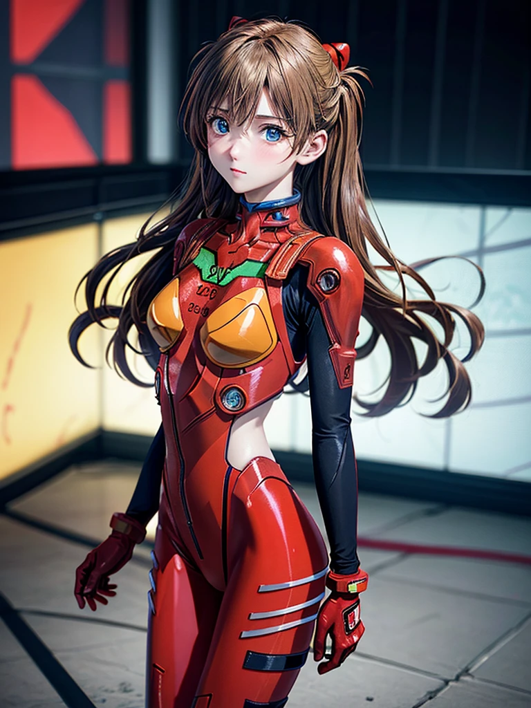 ((Best quality)), ((Masterpiece)), (Details: 1.4), 3D, Asuka Langley Soryu, Asuka, high resolution (high dynamic range), ray tracing, NVIDIA, super resolution, Unreal 5, subsurface scattering ,PBR texturing, post-processing, anisotropic filtering, depth of field, maximum sharpness and sharpness, multi-layered textures, albedo and specular maps, surface shading, accurate simulation of light and matter interaction, perfect proportions ,Octane Rendering,Two-Tone Lighting,Wide Aperture,Low ISO,White Balance,Rule of Thirds,8K RAW,(Masterpiece: 1.4, Best Quality), (Intricate Details), Unity8k Wallpaper, Highly Detailed, Beautiful and Mysterious, Details background, realistic, alone, perfectly detailed face, detailed blue eyes, highly detailed, blush, hair ornament, chignon mahogany hair, (blonde), plug suit 02, Shikinami Asuka Langley, Evangelion, Slender 15-year-old girl, full body suit, black background, above the waist,composition that shows the whole body,