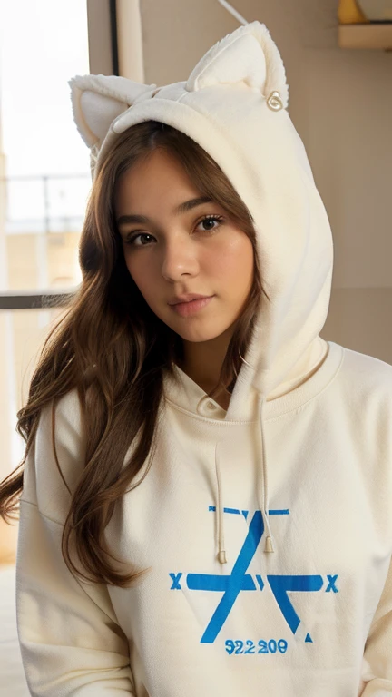 xoaeriel, a beautiful woman with wavy brown hair, ojos azules, nariz redonda, vistiendo una sudadera,un primer plano de una sudadera blanca con un conejo, beige sudadera, sudadera, sudadera con capucha, lindo and lovely, 8k, 8 mil, y 2 k, y2k, 9 mil, 9k, 8 a.m., Hoy yo, tomorrow for you., 6 mil, 6k, solo, lindo, soft lindo colors,hiperrealista